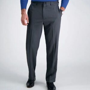 HAGGAR DRESS PANTS, 34x30, FLAT-FRONT, DARK GRAY, POLYESTER, CLASSIC FIT